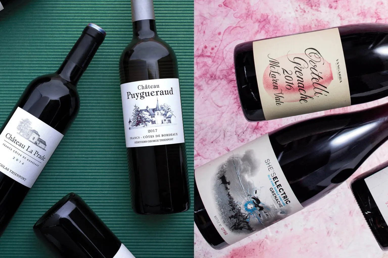 旧世界和新世界葡萄酒标签的经典范例。左图：梅格-巴戈特（Meg Baggott）；右图：萨拉-利特尔约翰（Sara Littlejohn）